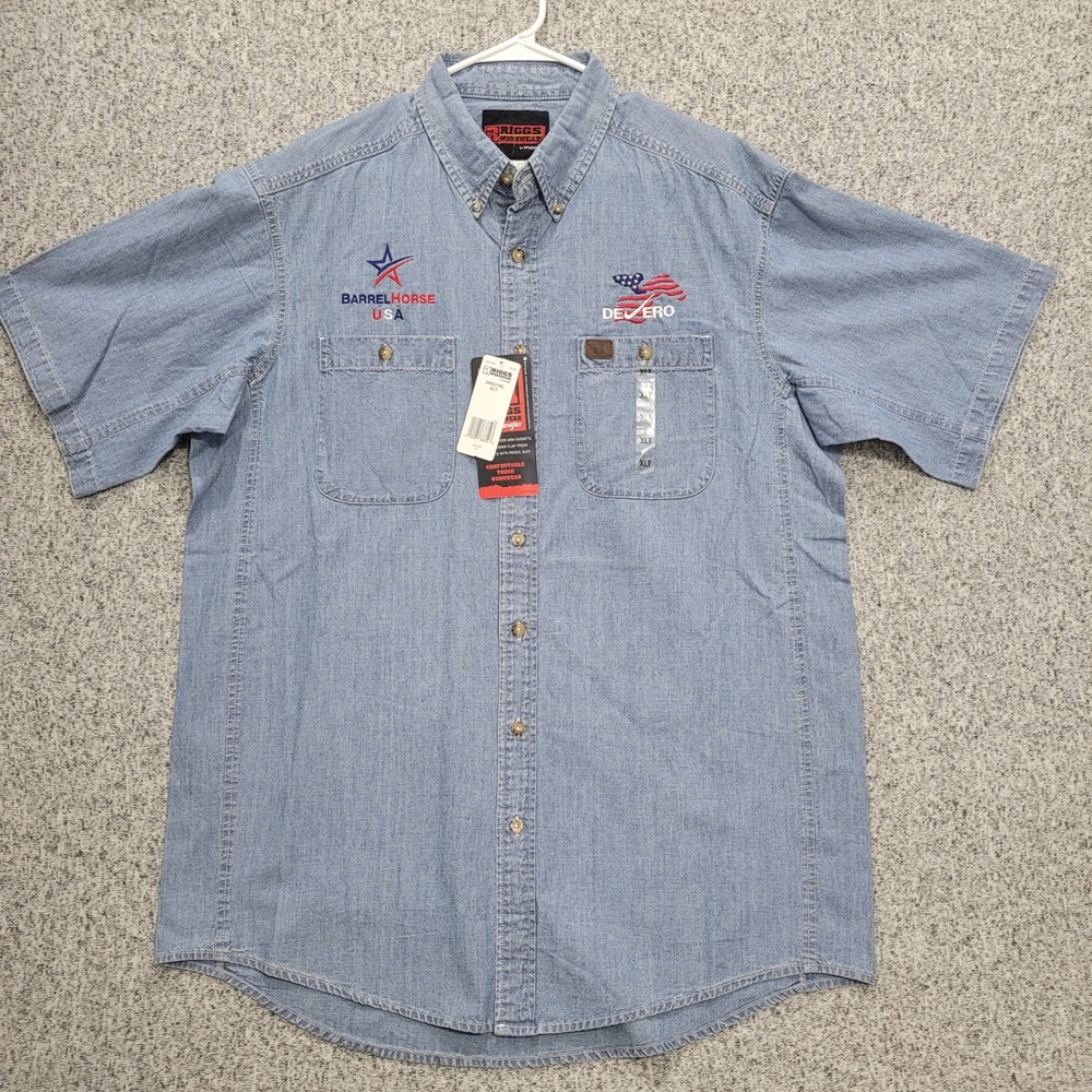 Wrangler Riggs Workwear Mens XLT Denim Short Sleeve  Barrel Horse Dezero NWOT
